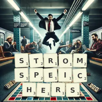 Kreative Illustration für ein Scrabble-Spiel, bei dem das Wort STROMSPEICHERS mit Steinen auf dem Brett gelegt wurde.