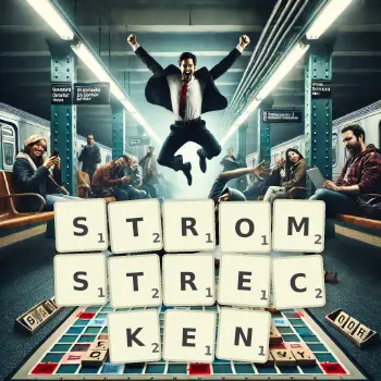 Kreative Illustration für ein Scrabble-Spiel, bei dem das Wort STROMSTRECKEN mit Steinen auf dem Brett gelegt wurde.