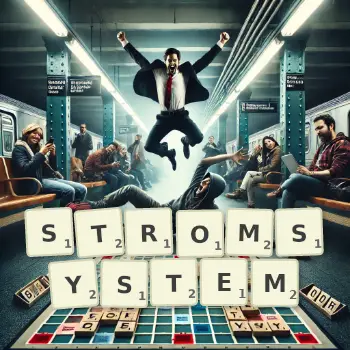 Kreative Illustration für ein Scrabble-Spiel, bei dem das Wort STROMSYSTEM mit Steinen auf dem Brett gelegt wurde.