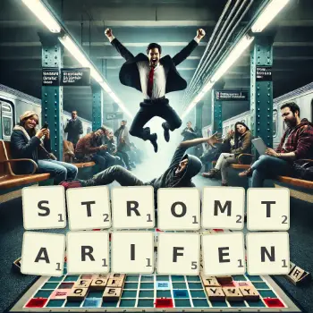 Kreative Illustration für ein Scrabble-Spiel, bei dem das Wort STROMTARIFEN mit Steinen auf dem Brett gelegt wurde.