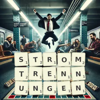 Kreative Illustration für ein Scrabble-Spiel, bei dem das Wort STROMTRENNUNGEN mit Steinen auf dem Brett gelegt wurde.