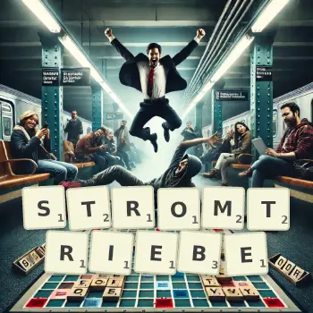 Kreative Illustration für ein Scrabble-Spiel, bei dem das Wort STROMTRIEBE mit Steinen auf dem Brett gelegt wurde.