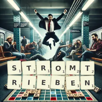 Kreative Illustration für ein Scrabble-Spiel, bei dem das Wort STROMTRIEBEN mit Steinen auf dem Brett gelegt wurde.