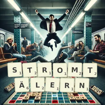 Kreative Illustration für ein Scrabble-Spiel, bei dem das Wort STROMTÄLERN mit Steinen auf dem Brett gelegt wurde.