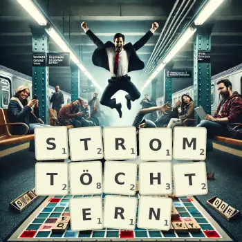 Kreative Illustration für ein Scrabble-Spiel, bei dem das Wort STROMTÖCHTERN mit Steinen auf dem Brett gelegt wurde.