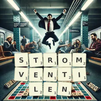 Kreative Illustration für ein Scrabble-Spiel, bei dem das Wort STROMVENTILEN mit Steinen auf dem Brett gelegt wurde.