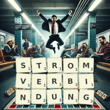 Kreative Illustration für ein Scrabble-Spiel, bei dem das Wort STROMVERBINDUNG mit Steinen auf dem Brett gelegt wurde.