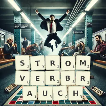 Kreative Illustration für ein Scrabble-Spiel, bei dem das Wort STROMVERBRAUCH mit Steinen auf dem Brett gelegt wurde.