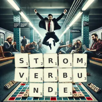 Kreative Illustration für ein Scrabble-Spiel, bei dem das Wort STROMVERBUNDE mit Steinen auf dem Brett gelegt wurde.