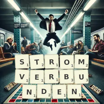 Kreative Illustration für ein Scrabble-Spiel, bei dem das Wort STROMVERBUNDEN mit Steinen auf dem Brett gelegt wurde.