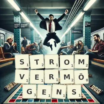 Kreative Illustration für ein Scrabble-Spiel, bei dem das Wort STROMVERMÖGENS mit Steinen auf dem Brett gelegt wurde.