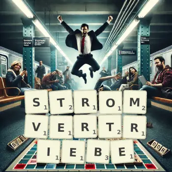 Kreative Illustration für ein Scrabble-Spiel, bei dem das Wort STROMVERTRIEBE mit Steinen auf dem Brett gelegt wurde.