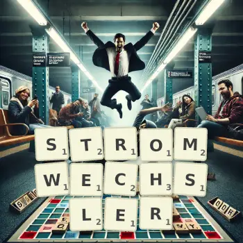 Kreative Illustration für ein Scrabble-Spiel, bei dem das Wort STROMWECHSLER mit Steinen auf dem Brett gelegt wurde.