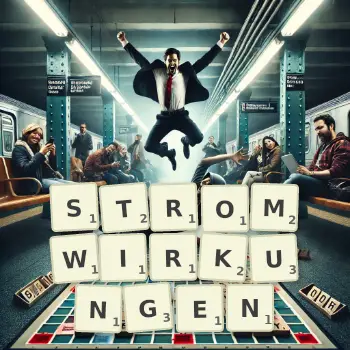 Kreative Illustration für ein Scrabble-Spiel, bei dem das Wort STROMWIRKUNGEN mit Steinen auf dem Brett gelegt wurde.