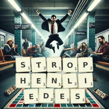 Kreative Illustration für ein Scrabble-Spiel, bei dem das Wort STROPHENLIEDES mit Steinen auf dem Brett gelegt wurde.