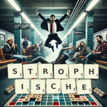 Kreative Illustration für ein Scrabble-Spiel, bei dem das Wort STROPHISCHE mit Steinen auf dem Brett gelegt wurde.
