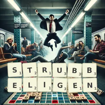 Kreative Illustration für ein Scrabble-Spiel, bei dem das Wort STRUBBELIGEN mit Steinen auf dem Brett gelegt wurde.