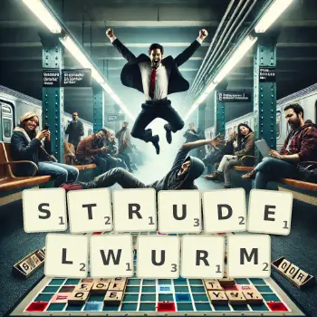 Kreative Illustration für ein Scrabble-Spiel, bei dem das Wort STRUDELWURM mit Steinen auf dem Brett gelegt wurde.