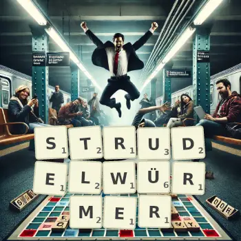 Kreative Illustration für ein Scrabble-Spiel, bei dem das Wort STRUDELWÜRMER mit Steinen auf dem Brett gelegt wurde.