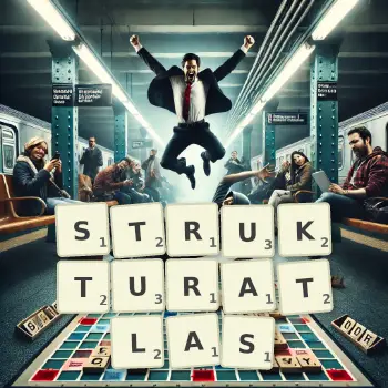 Kreative Illustration für ein Scrabble-Spiel, bei dem das Wort STRUKTURATLAS mit Steinen auf dem Brett gelegt wurde.