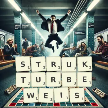 Kreative Illustration für ein Scrabble-Spiel, bei dem das Wort STRUKTURBEWEIS mit Steinen auf dem Brett gelegt wurde.