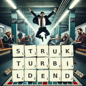 Kreative Illustration für ein Scrabble-Spiel, bei dem das Wort STRUKTURBILDEND mit Steinen auf dem Brett gelegt wurde.