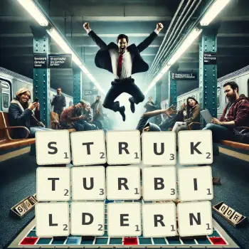 Kreative Illustration für ein Scrabble-Spiel, bei dem das Wort STRUKTURBILDERN mit Steinen auf dem Brett gelegt wurde.