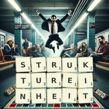 Kreative Illustration für ein Scrabble-Spiel, bei dem das Wort STRUKTUREINHEIT mit Steinen auf dem Brett gelegt wurde.