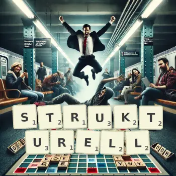 Kreative Illustration für ein Scrabble-Spiel, bei dem das Wort STRUKTURELL mit Steinen auf dem Brett gelegt wurde.