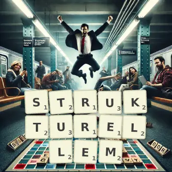 Kreative Illustration für ein Scrabble-Spiel, bei dem das Wort STRUKTURELLEM mit Steinen auf dem Brett gelegt wurde.