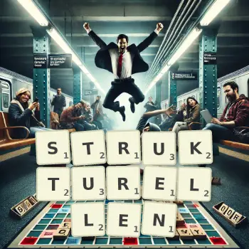 Kreative Illustration für ein Scrabble-Spiel, bei dem das Wort STRUKTURELLEN mit Steinen auf dem Brett gelegt wurde.