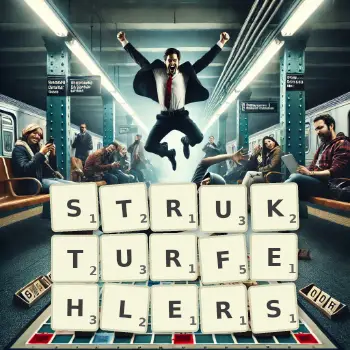 Kreative Illustration für ein Scrabble-Spiel, bei dem das Wort STRUKTURFEHLERS mit Steinen auf dem Brett gelegt wurde.