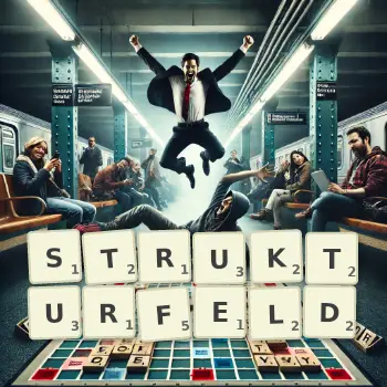 Kreative Illustration für ein Scrabble-Spiel, bei dem das Wort STRUKTURFELD mit Steinen auf dem Brett gelegt wurde.