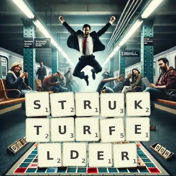 Kreative Illustration für ein Scrabble-Spiel, bei dem das Wort STRUKTURFELDER mit Steinen auf dem Brett gelegt wurde.