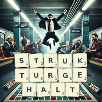 Kreative Illustration für ein Scrabble-Spiel, bei dem das Wort STRUKTURGEHALT mit Steinen auf dem Brett gelegt wurde.