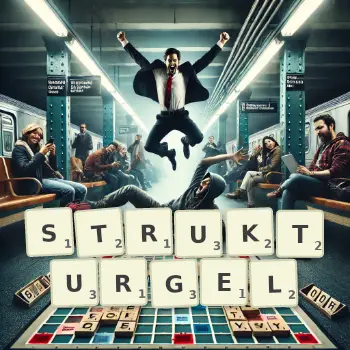 Kreative Illustration für ein Scrabble-Spiel, bei dem das Wort STRUKTURGEL mit Steinen auf dem Brett gelegt wurde.