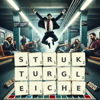 Kreative Illustration für ein Scrabble-Spiel, bei dem das Wort STRUKTURGLEICHE mit Steinen auf dem Brett gelegt wurde.