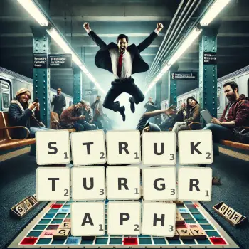 Kreative Illustration für ein Scrabble-Spiel, bei dem das Wort STRUKTURGRAPH mit Steinen auf dem Brett gelegt wurde.