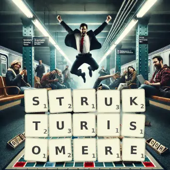 Kreative Illustration für ein Scrabble-Spiel, bei dem das Wort STRUKTURISOMERE mit Steinen auf dem Brett gelegt wurde.