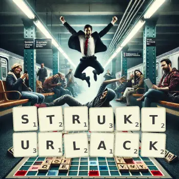 Kreative Illustration für ein Scrabble-Spiel, bei dem das Wort STRUKTURLACK mit Steinen auf dem Brett gelegt wurde.