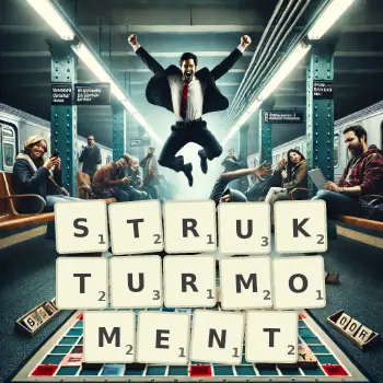 Kreative Illustration für ein Scrabble-Spiel, bei dem das Wort STRUKTURMOMENT mit Steinen auf dem Brett gelegt wurde.