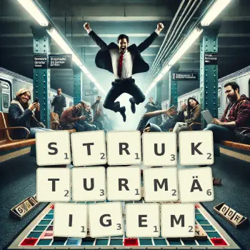 Kreative Illustration für ein Scrabble-Spiel, bei dem das Wort STRUKTURMÄIGEM mit Steinen auf dem Brett gelegt wurde.