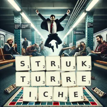 Kreative Illustration für ein Scrabble-Spiel, bei dem das Wort STRUKTURREICHE mit Steinen auf dem Brett gelegt wurde.