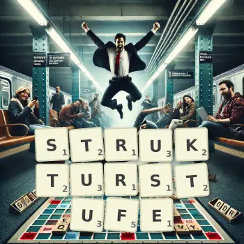 Kreative Illustration für ein Scrabble-Spiel, bei dem das Wort STRUKTURSTUFE mit Steinen auf dem Brett gelegt wurde.