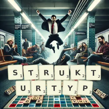 Kreative Illustration für ein Scrabble-Spiel, bei dem das Wort STRUKTURTYP mit Steinen auf dem Brett gelegt wurde.