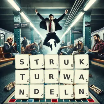 Kreative Illustration für ein Scrabble-Spiel, bei dem das Wort STRUKTURWANDELN mit Steinen auf dem Brett gelegt wurde.