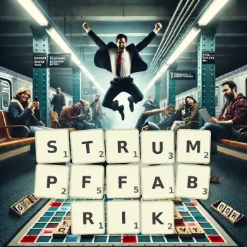 Kreative Illustration für ein Scrabble-Spiel, bei dem das Wort STRUMPFFABRIK mit Steinen auf dem Brett gelegt wurde.