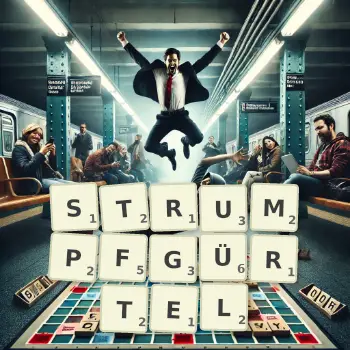 Kreative Illustration für ein Scrabble-Spiel, bei dem das Wort STRUMPFGÜRTEL mit Steinen auf dem Brett gelegt wurde.