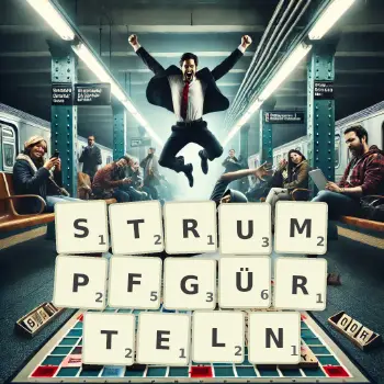 Kreative Illustration für ein Scrabble-Spiel, bei dem das Wort STRUMPFGÜRTELN mit Steinen auf dem Brett gelegt wurde.