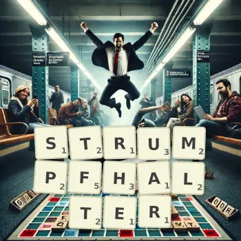 Kreative Illustration für ein Scrabble-Spiel, bei dem das Wort STRUMPFHALTER mit Steinen auf dem Brett gelegt wurde.